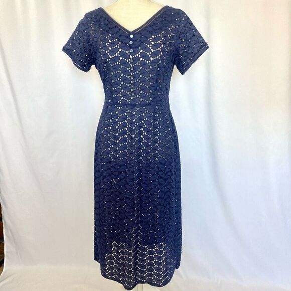 Rare Vintage Navy Blue Eyelet Lace Midi Dress Short Sleeve 50s Fit & Flare Women - Picture 1 of 12